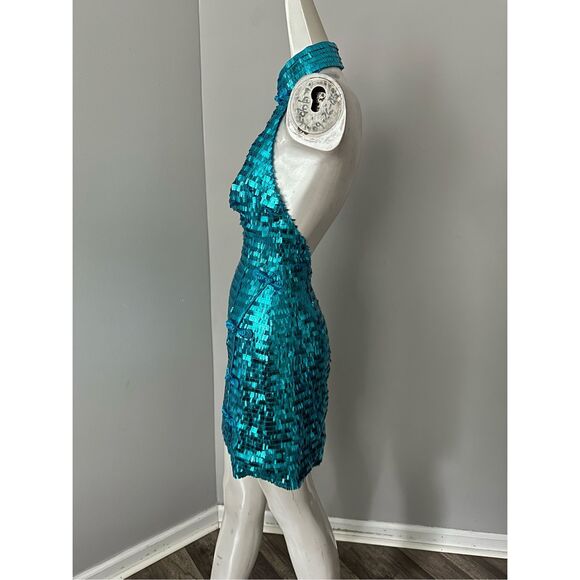 NWT Sau Lee Sequins Sleeveless Open Back Mae Mini Dress Peacock Blue Size 0 $395 - Picture 8 of 12